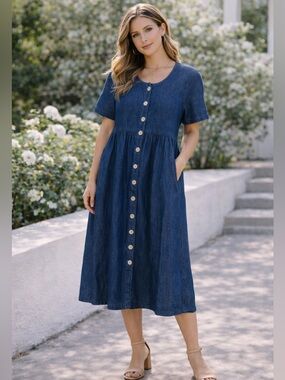 Blair Dark Blue Button-Front Denim Midi Dress